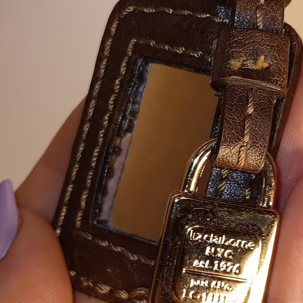 LIZ CLAIBORNE BROWN LEATHER STRAP LOCK KEYFOB BAG CHARM KEYCHAIN HANG TAG